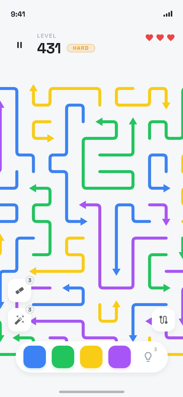 Arrows: Color Maze gameplay — Level 431, marked HARD, a board packed with interlocking blue, green, yellow and purple arrows, three lives, eraser and wand tools, and the colour selector along the bottom