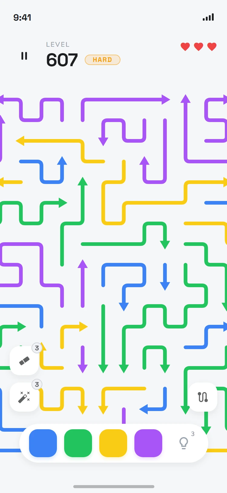 Arrows gameplay — Level 607, a board so dense with blue, green, yellow and purple arrows that it runs off both edges of the screen