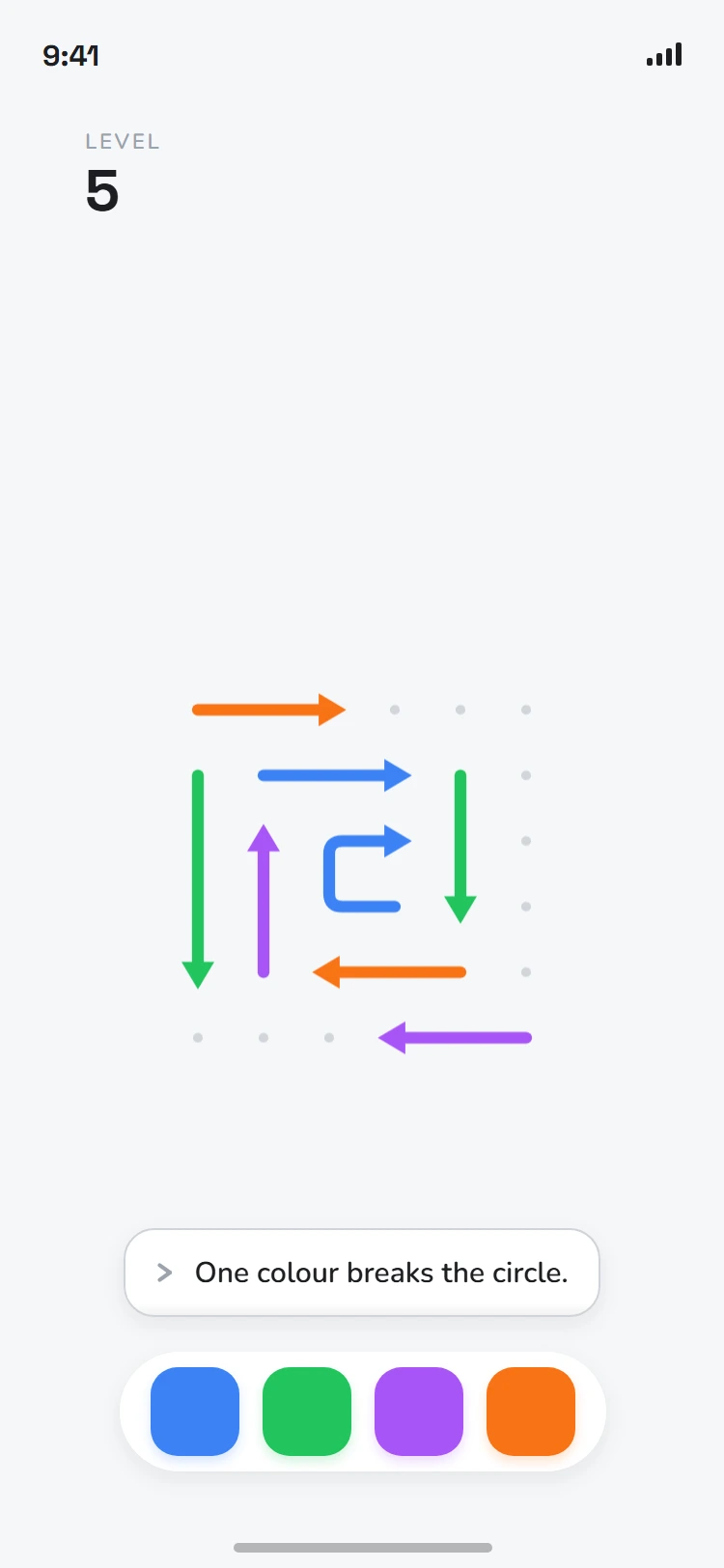 An early Arrows board — blue, green, purple and orange arrows locked in a ring around a trapped one, under a line reading “One colour breaks the circle.” with the four-colour selector below