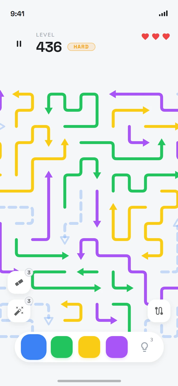 Arrows gameplay with blue phased — every blue arrow drawn as a faint dashed ghost the other colours can slide straight through, blue lit in the colour selector